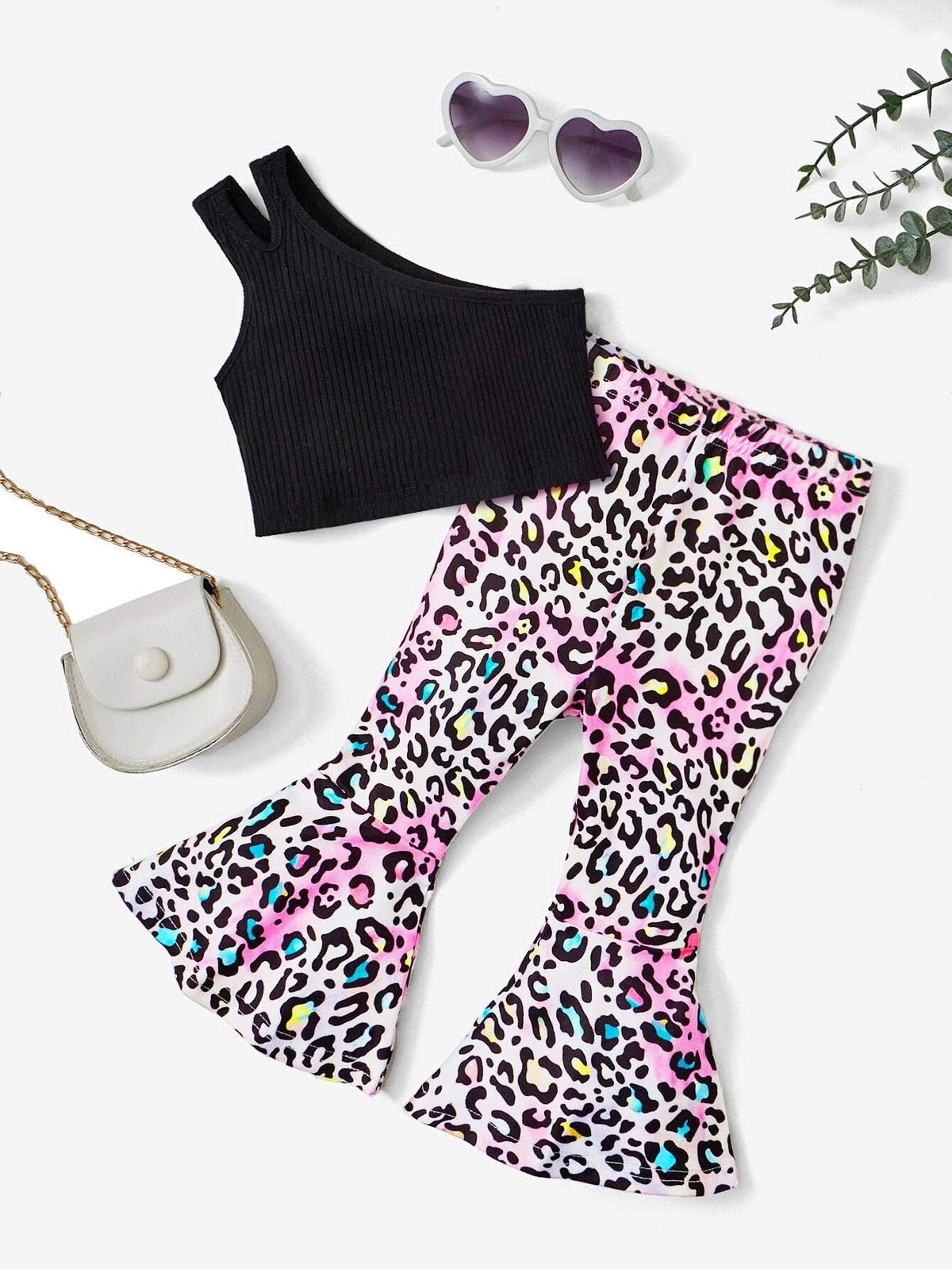 Baby One Shoulder Top & Leopard Print Flare Leg Pants