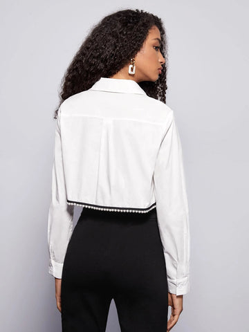 BIZwear Pearls Detail Asymmetrical Hem Shirt