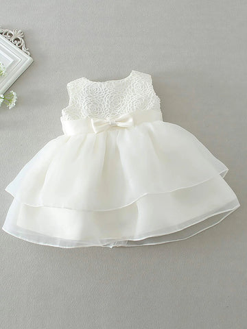 Baby Contrast Lace Bow Front Mesh Hem Party Dress