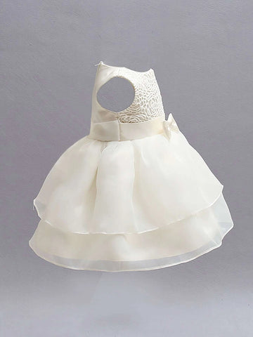 Baby Contrast Lace Bow Front Mesh Hem Party Dress