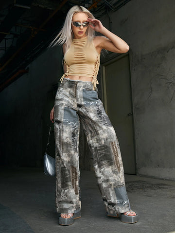 ICON Graphic Print Wide Leg Jeans