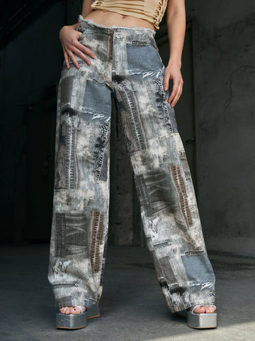 ICON Graphic Print Wide Leg Jeans