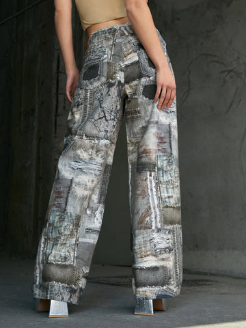 ICON Graphic Print Wide Leg Jeans