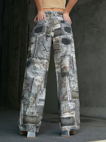 ICON Graphic Print Wide Leg Jeans