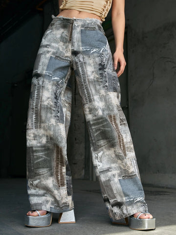 ICON Graphic Print Wide Leg Jeans