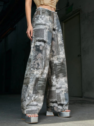 ICON Graphic Print Wide Leg Jeans