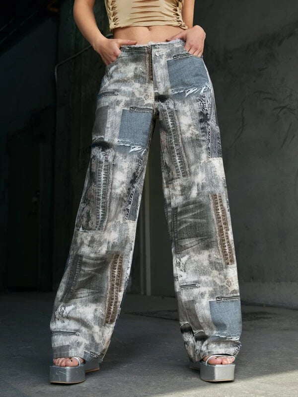 ICON Graphic Print Wide Leg Jeans