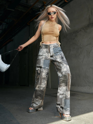 ICON Graphic Print Wide Leg Jeans