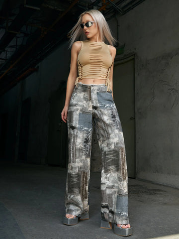 ICON Graphic Print Wide Leg Jeans