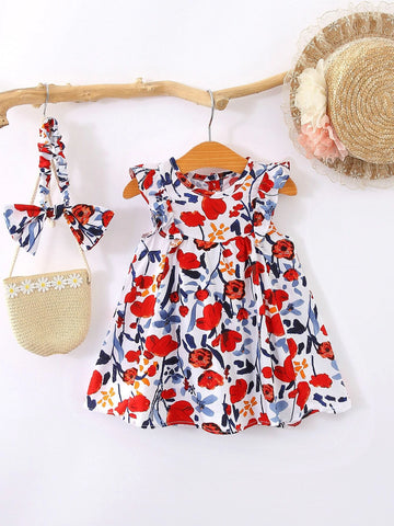Baby Allover Floral Print Ruffle Trim Dress With Accessory Headband