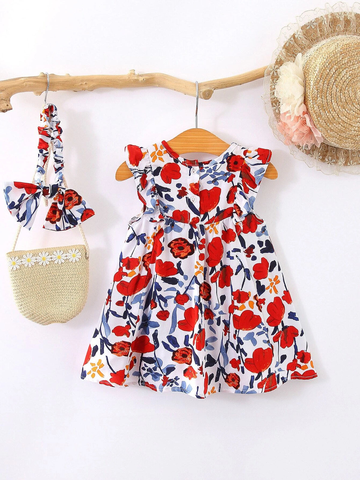 Baby Allover Floral Print Ruffle Trim Dress With Accessory Headband