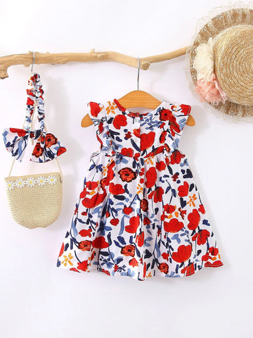 Baby Allover Floral Print Ruffle Trim Dress With Accessory Headband