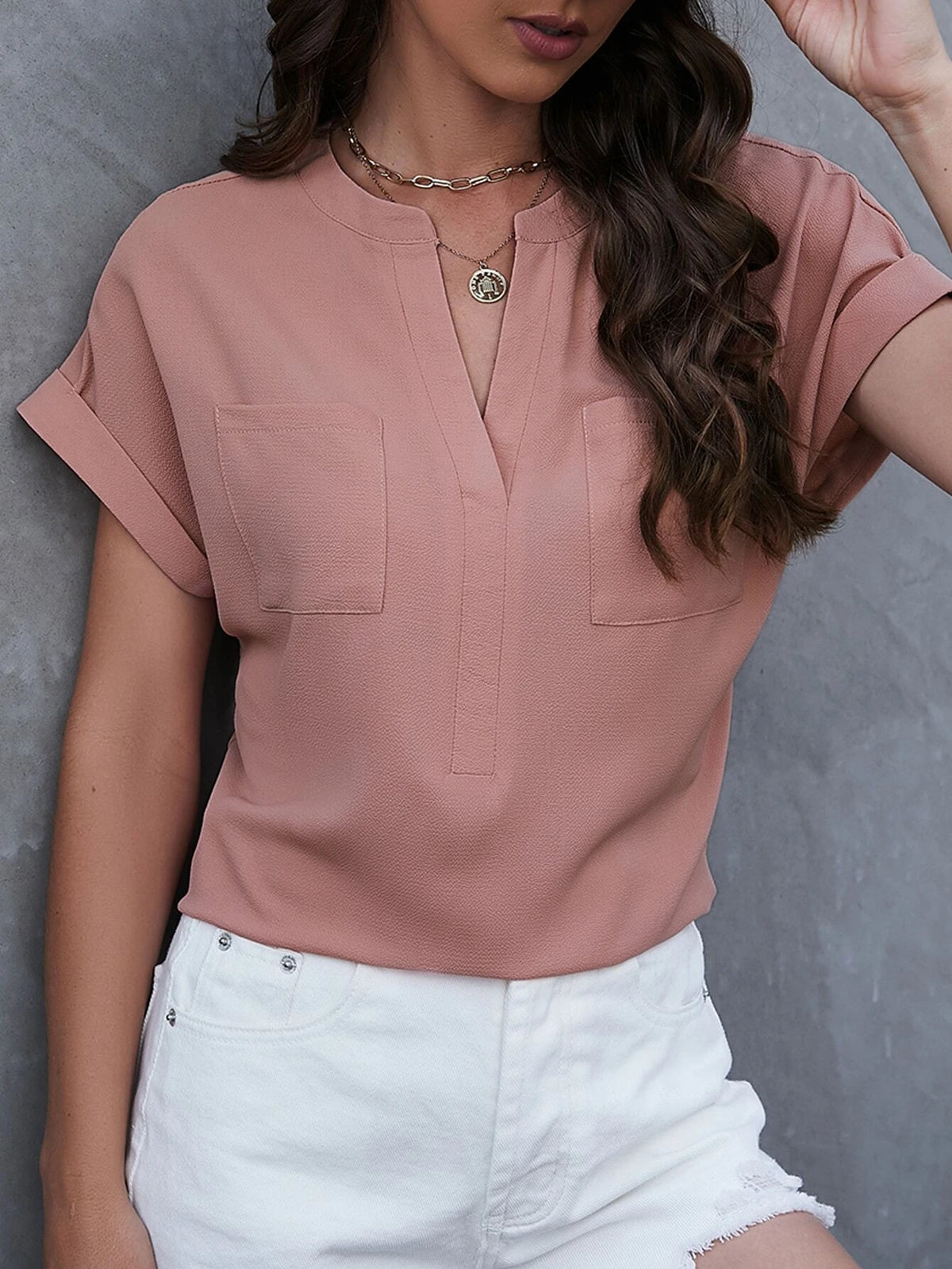 Notched Neckline Batwing Sleeve Pocket Patched Blouse