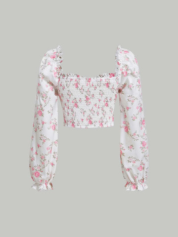 MOD Floral Print Frill Trim Sweetheart Neck Bishop Sleeve Crop Blouse