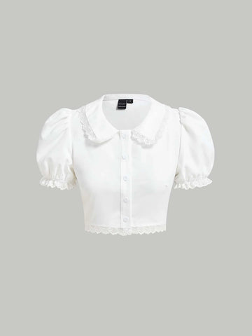 MOD Lace Trim Puff Sleeve Crop Blouse