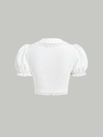 MOD Lace Trim Puff Sleeve Crop Blouse