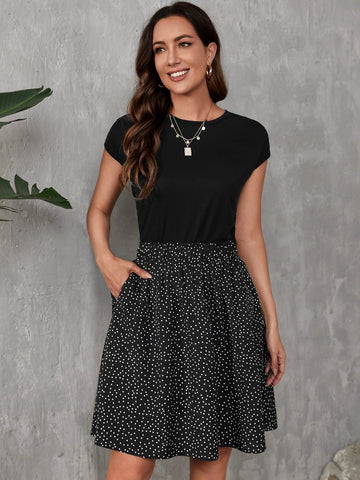EMERY ROSE Solid Tee & Polka Dot Print Slant Pocket Skirt