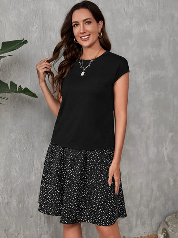 EMERY ROSE Solid Tee & Polka Dot Print Slant Pocket Skirt
