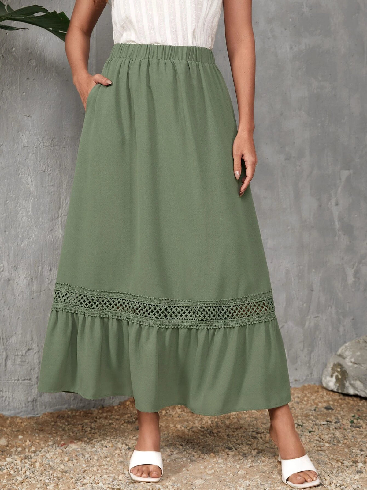 EMERY ROSE Guipure Lace Insert Ruffle Hem Skirt