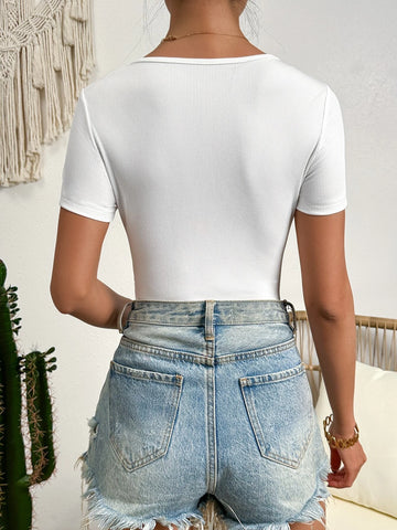 SXY Solid Half Button Scoop Neck Bodysuit