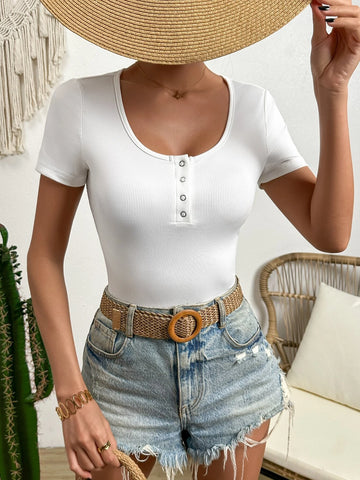 SXY Solid Half Button Scoop Neck Bodysuit