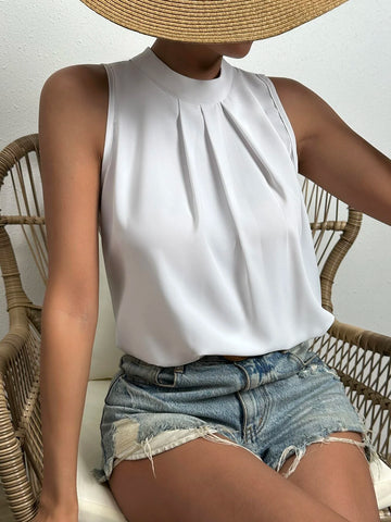 SXY Solid Keyhole Back Sleeveless Blouse