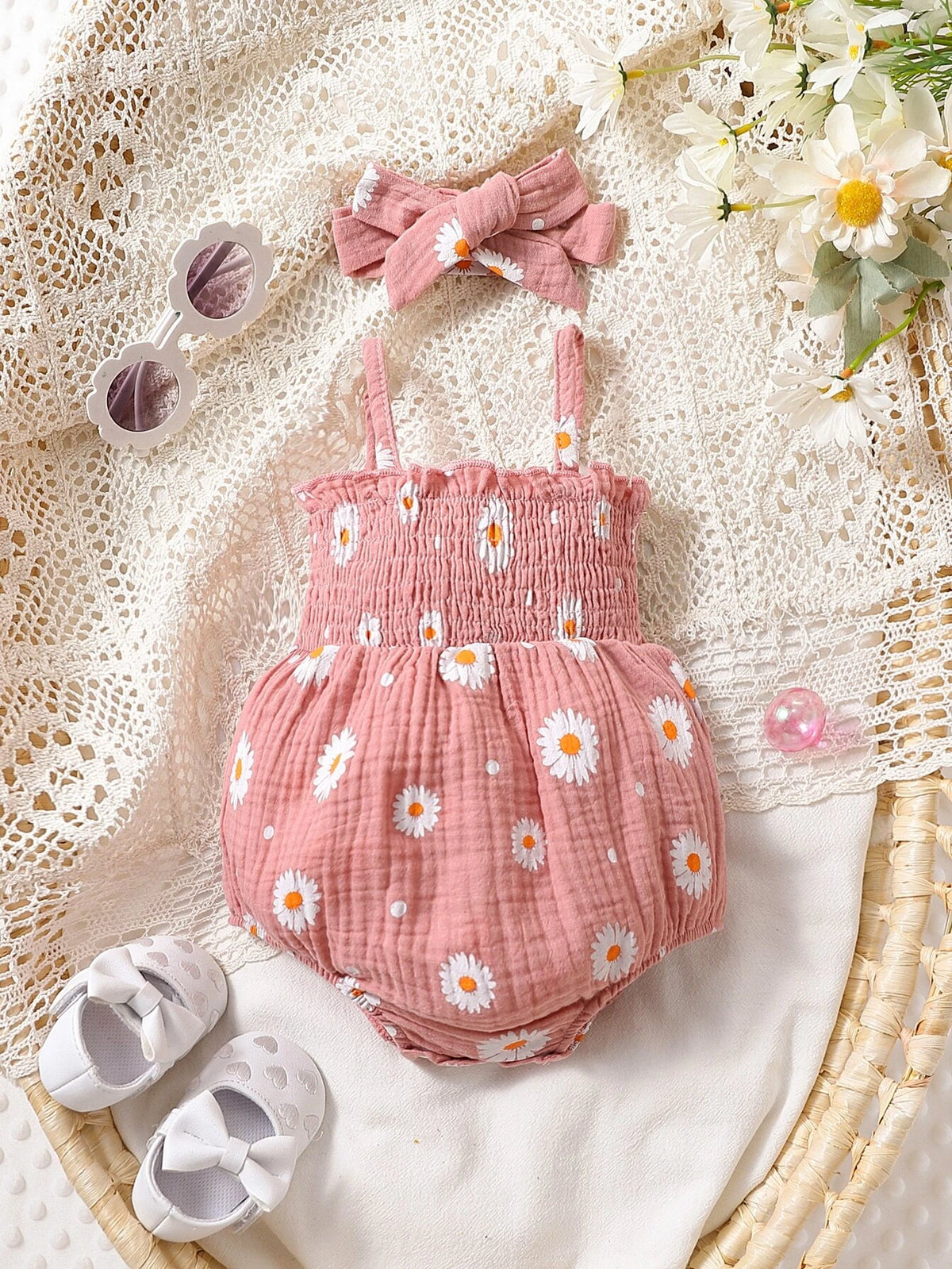 Baby Floral Print Shirred Cami Bodysuit With Accessory Headband