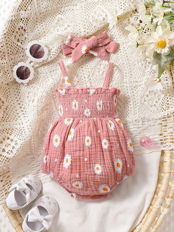 Baby Floral Print Shirred Cami Bodysuit With Accessory Headband