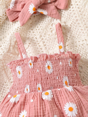 Baby Floral Print Shirred Cami Bodysuit With Accessory Headband