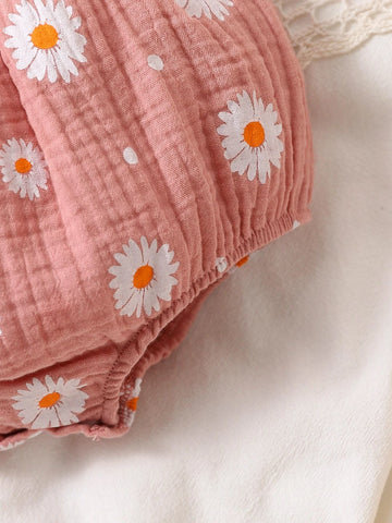 Baby Floral Print Shirred Cami Bodysuit With Accessory Headband