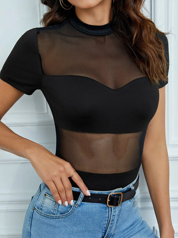 Contrast Mesh Mock Neck Tee Bodysuit