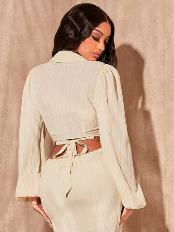 SXY Tie Front Lantern Sleeve Crop Top