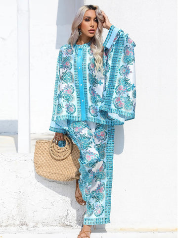 Floral Print Batwing Sleeve Shirt & Pants
