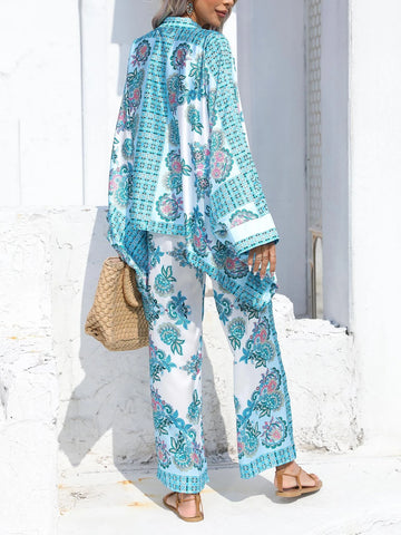 Floral Print Batwing Sleeve Shirt & Pants