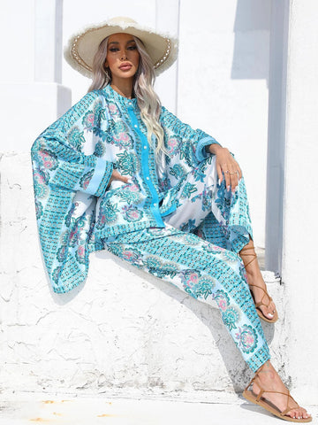 Floral Print Batwing Sleeve Shirt & Pants