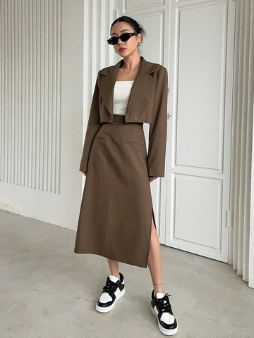 DAZY Solid Lapel Neck Crop Blazer & Split Thigh Skirt