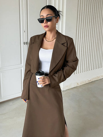 DAZY Solid Lapel Neck Crop Blazer & Split Thigh Skirt