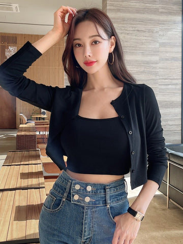 DAZY Solid Cami Top & Button Front Crop Tee