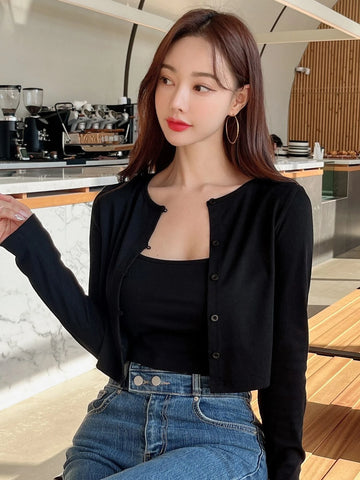 DAZY Solid Cami Top & Button Front Crop Tee
