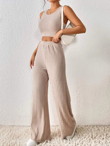 Frenchy Solid Ribbed Knit Crop Tank Top & Wide Leg Pants