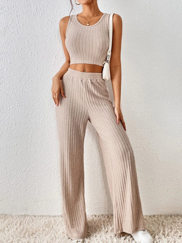 Solid Crop Tank Top & Wide Leg Pants
