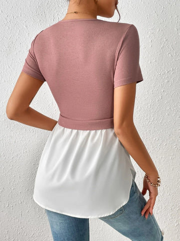 Two Tone Peplum Waist 2 In 1 Tee