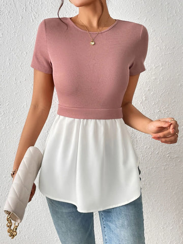 Two Tone Peplum Waist 2 In 1 Tee