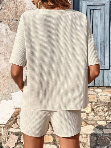 Solid Waffle Knit Tee & Knot Front Shorts