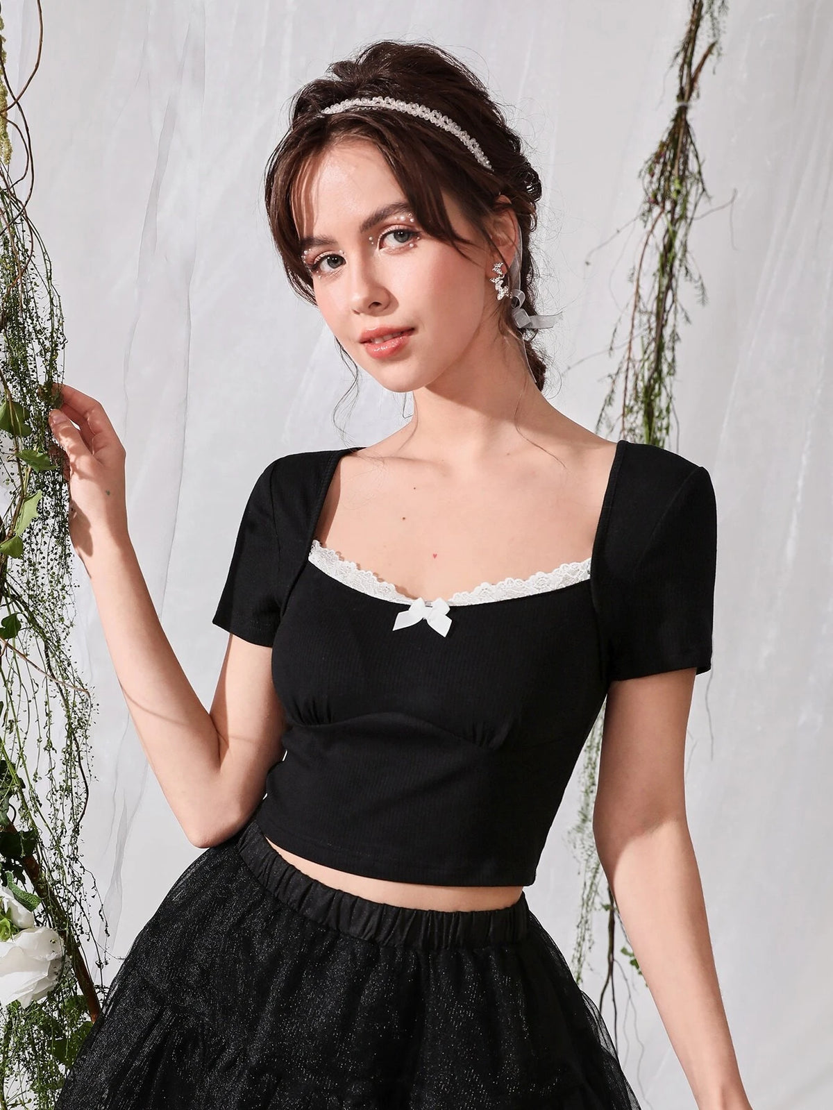 Contrast Lace Bow Front Tee