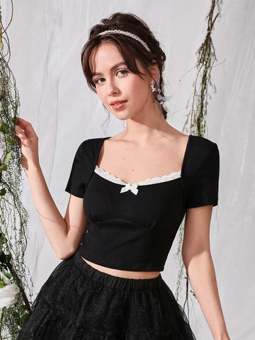Contrast Lace Bow Front Tee
