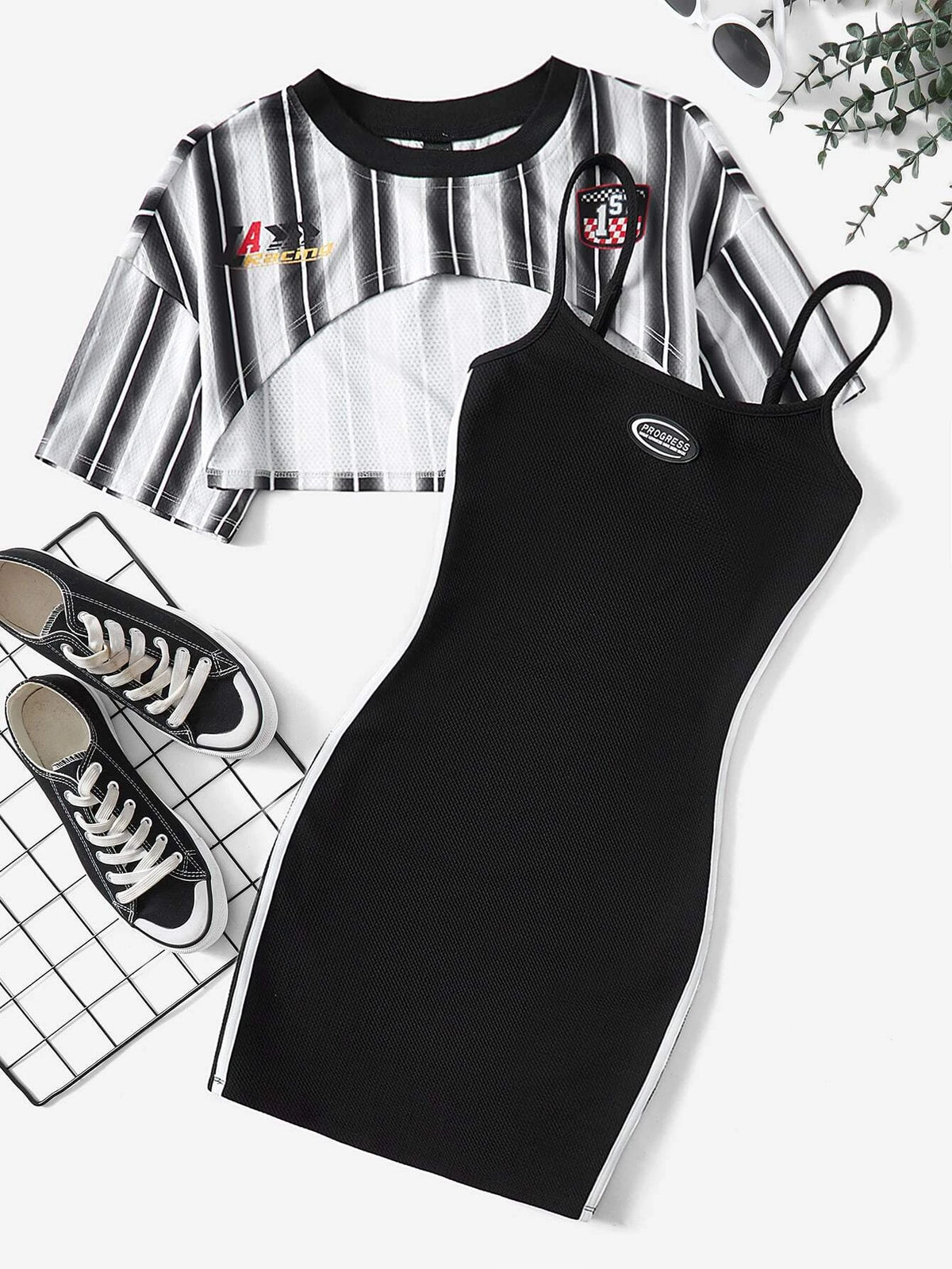 EZwear Striped Print Cami Dress & Letter Graphic Drop Shoulder Super Crop Top