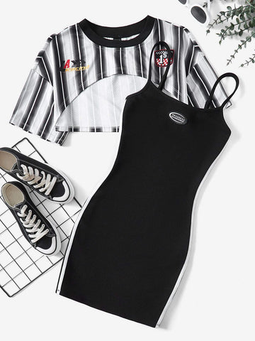 EZwear Striped Print Cami Dress & Letter Graphic Drop Shoulder Super Crop Top