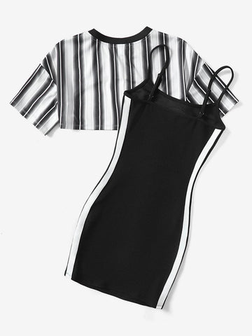 EZwear Striped Print Cami Dress & Letter Graphic Drop Shoulder Super Crop Top