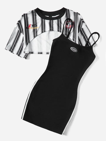 EZwear Striped Print Cami Dress & Letter Graphic Drop Shoulder Super Crop Top